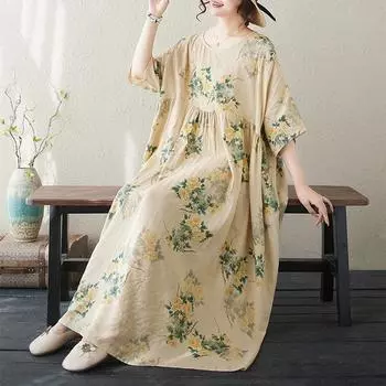 DIMANAF, женское повседневное платье больших размеров, новинка 2024 года, хлопковое летнее длинное базовое платье оверсайз с круглым вырезом и коротким рукавом