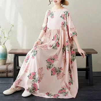 DIMANAF, женское повседневное платье больших размеров, новинка 2024 года, хлопковое летнее длинное базовое платье оверсайз с круглым вырезом и коротким рукавом с принтом