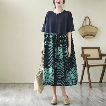 DIMANAF, женское повседневное платье больших размеров, новинка 2024 года, хлопковое летнее длинное базовое платье оверсайз с круглым вырезом и коротким рукавом с принтом