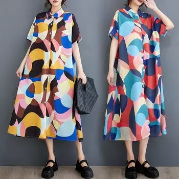 DIMANAF Женское повседневное платье больших размеров с круглым вырезом и круглым вырезом, новинка 2024 года с принтом, летнее длинное базовое платье с короткими рукавами