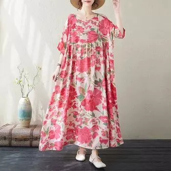 DIMANAF, женское повседневное платье больших размеров, новинка 2024 года, хлопковое летнее длинное базовое платье оверсайз с круглым вырезом и коротким рукавом