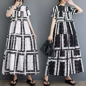DIMANAF Женское повседневное платье больших размеров с круглым вырезом и круглым вырезом, новинка 2024 года с принтом, летнее длинное базовое платье с короткими рукавами