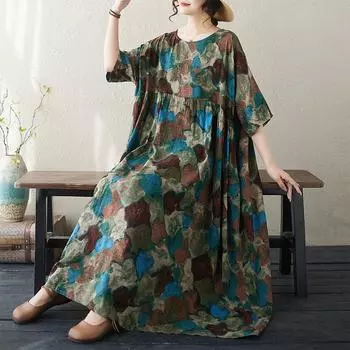 DIMANAF, женское повседневное платье больших размеров, новинка 2024 года, хлопковое летнее длинное базовое платье оверсайз с круглым вырезом и коротким рукавом