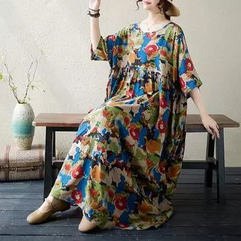 DIMANAF женское повседневное платье больших размеров с круглым вырезом, новинка 2024 года, летнее длинное базовое платье больших размеров с винтажным принтом и короткими рукавами