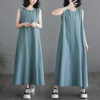 DIMANAF, женское повседневное платье больших размеров, новинка 2024 года, хлопковое летнее длинное базовое платье оверсайз с круглым вырезом и коротким рукавом