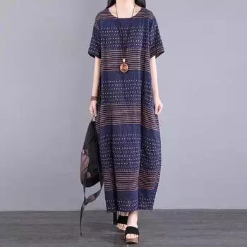 DIMANAF Женское повседневное платье больших размеров с круглым вырезом и круглым вырезом размера плюс, новинка 2024 года, винтажное летнее длинное платье с принтом и коротким рукавом