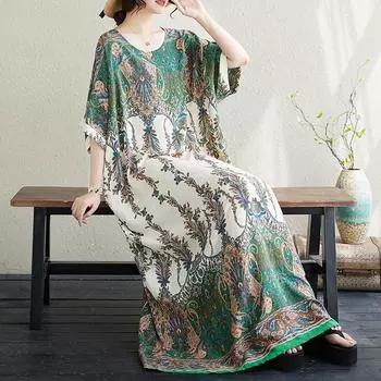 Dimanaf Женское повседневное пляжное платье больших размеров с круглым вырезом и круглым вырезом размера плюс, новинка 2024 года, богемное летнее длинное базовое платье с короткими рукавами