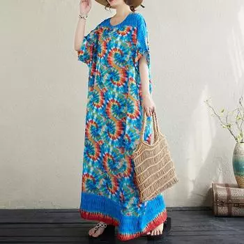 Dimanaf Женское повседневное пляжное платье больших размеров с круглым вырезом и круглым вырезом размера плюс, новинка 2024 года, богемное летнее длинное базовое платье с короткими рукавами