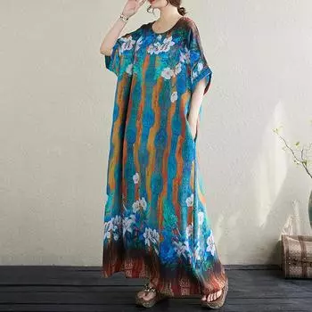 Dimanaf Женское повседневное пляжное платье больших размеров с круглым вырезом и круглым вырезом размера плюс, новинка 2024 года, богемное летнее длинное базовое платье с короткими рукавами