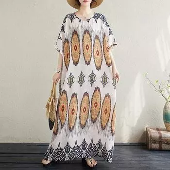 Dimanaf Женское повседневное пляжное платье больших размеров с круглым вырезом и круглым вырезом размера плюс, новинка 2024 года, богемное летнее длинное базовое платье с короткими рукавами