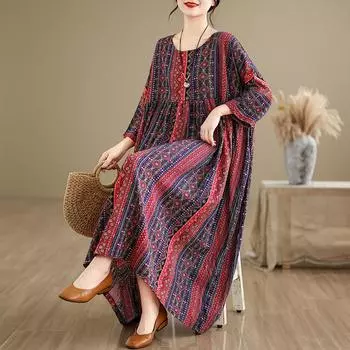 DIMANAF, женское повседневное винтажное платье больших размеров, новинка 2024 года, хлопковое летнее длинное базовое платье больших размеров с круглым вырезом и короткими рукавами