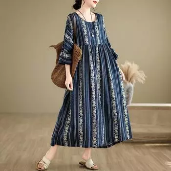 DIMANAF, женское повседневное винтажное платье больших размеров, новинка 2024 года, хлопковое летнее длинное базовое платье больших размеров с круглым вырезом и короткими рукавами