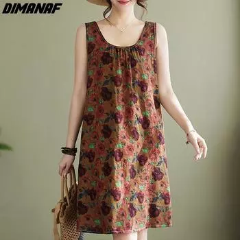 DIMANAF Женское Свободное льняное платье больших размеров без рукавов, новинка 2024 года, летнее пляжное платье с цветочным принтом и круглым вырезом, длинные платья