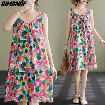 DIMANAF Женское Свободное льняное платье больших размеров 2024, новое летнее пляжное платье с круглым вырезом и рукавами, длинные платья