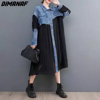 DIMANAF, женское свободное платье больших размеров, новинка 2023 года, летний стиль, лоскутное шифоновое свободное платье, базовые джинсовые платья, большие размеры
