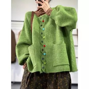 Dimanaf Зима Плюс Размер Осень Женщины Твердые Пуговицы Свитера Куртка Вязание Мода Оверсайз Повседневный Стиль Свободный Кардиган Свитер One Size зелёный