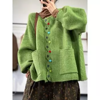 Dimanaf Зима Плюс Размер Осень Женщины Твердые Пуговицы Свитера Куртка Вязание Мода Оверсайз Повседневный Стиль Свободный Кардиган Свитер One Size зелёный
