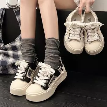 [Ding Chengxin of the same style] Black crooked head low-top platform casual canvas shoes women s 2025 spring new single shoes 35 чёрный