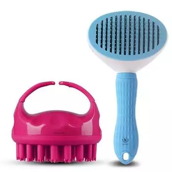 Dingdong Pet Pet Круглая массажная щетка для шампуня + набор щеток для штифтов в одно касание, сливовый (Массажная щетка..., 1 комплект), Корейский шампунь для домашних животных.