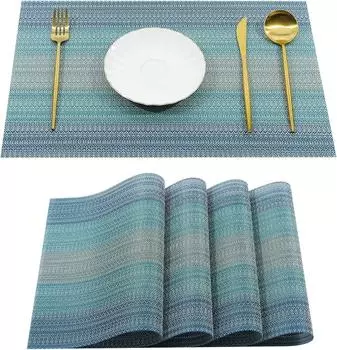 Dining Table Place Mats,PVC Tap Set Heat Resistant Placemats Stain-Kitchen Dinner Table Place Mats,Easy To Dry (Ombre Blue, Set of 4pcs) Onesize