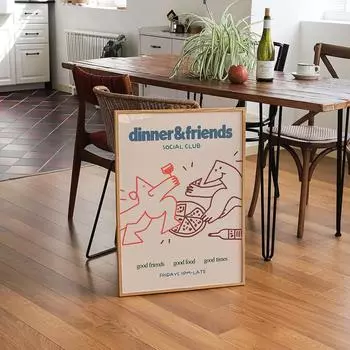 Dinner And Friends Social Club Poster Abstract Funny Line Drawing Canvas Painting Art Print Nordic Wall Pictures Kitchen Decor 21x30cm No Framed