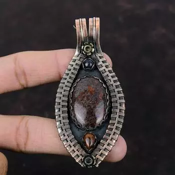 Dinosaur Bone Pendant Copper Wire Wrapped Pendant Mahogany Obsidian & Blue Sunstone Pendant Handmade Jewelry Gemstone Pendant Gift For Him