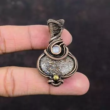 Dinosaur Bone Pendant Rainbow Moonstone Pendant Copper Wire Wrapped Pendant Handmade Jewelry Gemstone Pendant Copper Jewelry Gift For Women