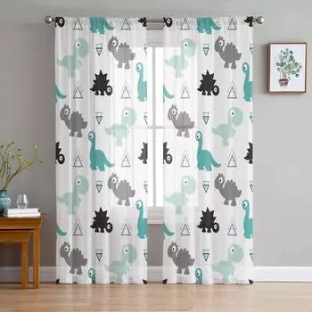 Dinosaur Cartoon Kawaii Geometric Tulle Sheer Window Curtains for Living Room Kitchen Children Bedroom Voile Hanging Curtain W135 x H114cm