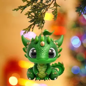 Dinosaur Christmas Tree Ornaments 2D Adorable Green Dinosaur Pendant For Car Rearview Looking-Glass Winter Festival Animal Car