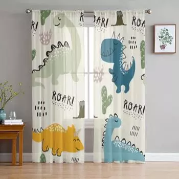 Dinosaur Colorful Cartoon Sheer Curtains for Living Room Transparent Tulle Window Curtain Bedroom Kitchen Home Decor Veil Drapes 135W x 114H(cm)