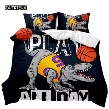 Dinosaur Duvet Cover Sets Kids Bedding Set Full Playing Basketball Tyrannosaurus Animal Double Queen King Polyester Quilt Cover EU single(135x200cm)