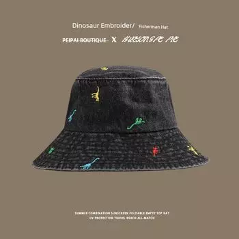 Dinosaur Embroider Jean Fisherman Hat Female Spring and Autumn Fashion Face-Looking Small Sun Protection Leisure Basin Hat Student Bucket Hat Male C2828 Dinosaur Embroider Denim Fisherman Hat Black
