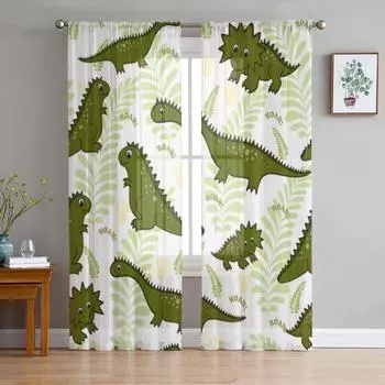 Dinosaur Green Plant Cartoon Sheer Curtains for Living Room Transparent Tulle Window Curtain Bedroom Kitchen Decor Veil Drapes 135W x 114H(cm)