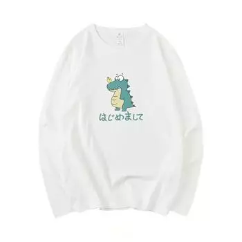 Футболка с длинными рукавами с изображением динозавра, мужская хлопковая осенняя свободная рубашка с рисунком из мультфильма, повседневная молодежная одежда с круглым вырезом M