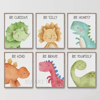 Dinosaur Print Dino Nursery Wall Art Kids Room Decor Childrens Watercolor Canvas Painting For Boy Girl Baby Room Home Frameless 21x30cm No Framed