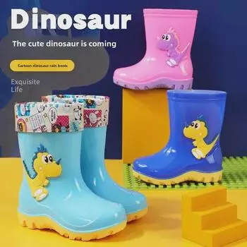 Dinosaur Rain Boots for Kids: Cute Mid-Tube Water Shoes with Velvet Lining for Boys and Girls. 180 (Insole 17.5cm)