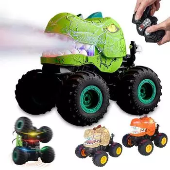 Dinosaur Remote Control Car 360 Rotating 2.4Ghz All Terrain RC Cars with Spray Light & Sound for 3 4 5 6 7 8 Year Old Boys Green
