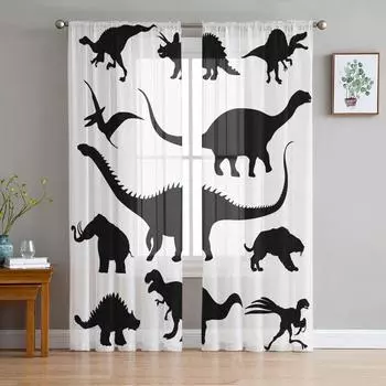 Dinosaur Silhouette Black White Sheer Curtains for Living Room Modern Voile Curtain Bedroom Tulle Curtains Window Drapes Decor W135 x H114cm