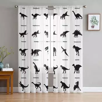 Dinosaur Silhouettes Black White Chiffon Sheer Curtains for Living Room Bedroom Home Decor Window Voile Tulle Curtain Drapes W135 x H114cm