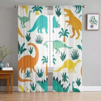 Dinosaurs Tropical Leaves Flowers Tulle Curtains For Living Room Sheer Curtain Bedroom Veil Organza Decorative Window Treatments 135W x 114H(cm)