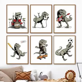Динозавр, барабанщик, гитарист, певец, диджей, футболист, настенная живопись на холсте, постеры и принты, настенные панно для декора гостиной A4 21X30cm No Framed