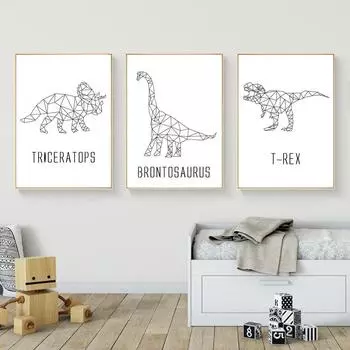 Динозавр Геометрия Настенные Художественные Принты Детский Плакат для печати Динозавры Скандинавский Плакат Холст Картина Живые Мальчики Комната Домашний Декор 21x30cm No Framed