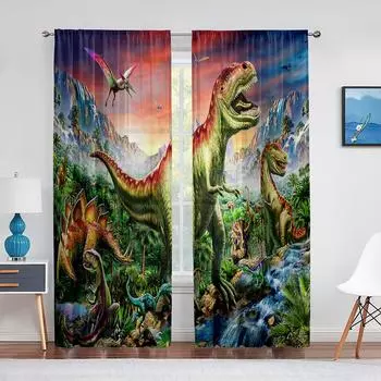 Динозавр Юрского периода животные древние джунгли прозрачные занавески для гостиной кухни вуаль для оконных жалюзи спальня тюлевые шторы 1 PCS W100XH250cm&Rod Pocket