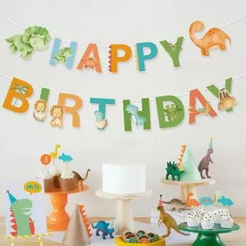 Динозавр С Днем Рождения бумажный баннер Динозавр День Рождения Украшения для мальчиков Дети Динозавр Тематическая вечеринка Гирлянда Флаги Принадлежности