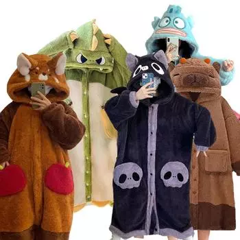 Динозавр утепленный халат домашняя одежда мультфильм женский кимоно халат ночная рубашка теплая фланелевая мужская одежда для сна осень-зима free size