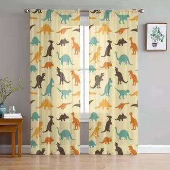 Динозавр Животное Иллюстрация Ретро Узор Фон Шифоновые Прозрачные Шторы Гостиная Спальня Окно Вуаль Тюль Шторы 135W x 114H(cm)