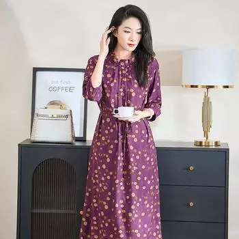 Dioufu Spring New Long sleeve dress Light Luxury Western Style Light Luxury Cloud Brocade Retro Fashion Purple Fireworks Skirt Purple XL