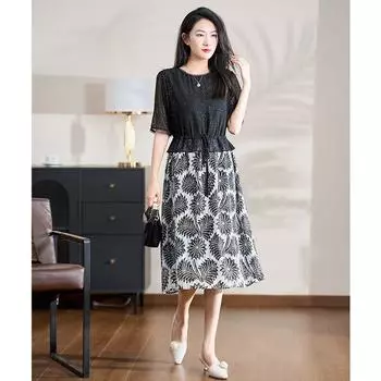 Dioufu Spring/Summer New Printed Dress Fashion Design Sense Patchwork Dress Waist Hugging Slimming Fake Two Pieces Short Sleeve Skirt Black L