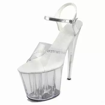 Direct sales sequined transparent fashion crystal shoes white thin heel versatile, super high heel 20CM size fashion sandals 34 прозрачный