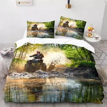 Dirt Bike Duvet Cover Set Lake Tree Motocross Bedding Set for Motorcycle Rider King Queen Full Size Polyester Comforter Cover 70x133cm 2pcs